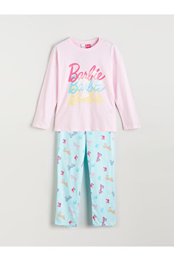 LC Waikiki Set de pijamale pentru fete cu imprimeu Barbie cu gât de bicicletă LCW KidsPink