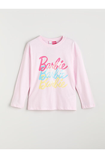 LC Waikiki Set de pijamale pentru fete cu imprimeu Barbie cu gât de bicicletă LCW KidsPink