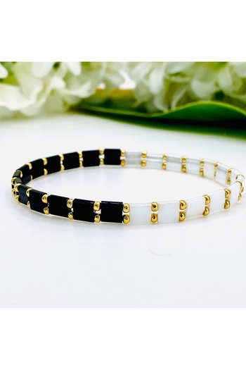 Mojo Jewellery Handmade Black and White Tila Bracelet – Stylish Women's Bracelet with Gold Oval Detail