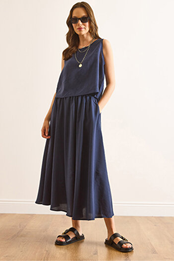 Olalook Women's Navy Blue Top Blouse Bottom Pocket Skirt Soft Texture Suit Tkm-19000414