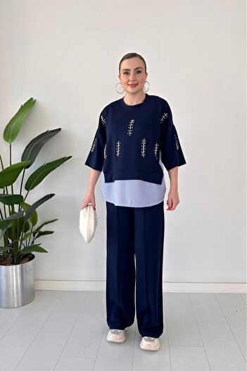 MaziButik Wide Leg Pearl Embroidered Modal Suit Navy Blue