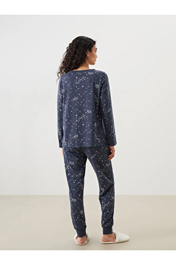 LC Waikiki LCW DREAM Lacivert Bağlamalı Yaka Baskılı Kadın Pijama Takımı