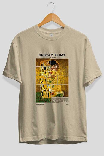Ankhises Gustav Klimt The Kiss μπροστινό εμπριμέ μπλουζάκι Oversize Ανδρικό Γυναικείο Βαμβακερό μπλουζάκι με λαιμόκοψη