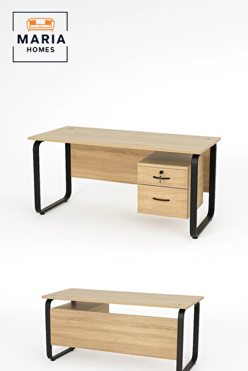 MARIA HOMES Light Wood Office Desk with Metal Frame and Lockable Drawer Cabinet-size 60*120