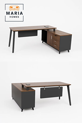 MARIA HOMES Executive L-Shaped Desk with Wood Top and Side Storage Cabinet-size 160*70