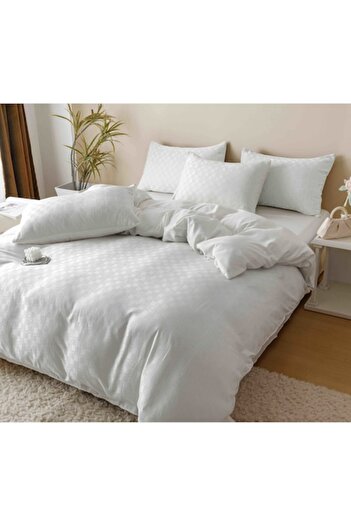 JOJO HOME Set Lenjerie de pat, Jojo Home, JQF9, bumbac jacquard finet premium, uni, 2 persoane, 6 piese, alb