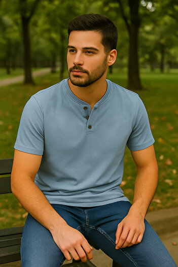 LACİVERTMEN 2124 Henley T-shirt Καφέ με λεπτομέρεια με κουμπιά Basic Casual T-shirt