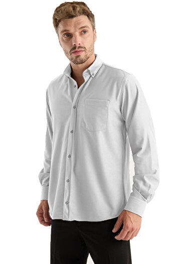 Varetta Men's Shirt Gray Lycra Long Sleeve Pocket Comfortable Fit Draped Cotton Daily Stylish Model