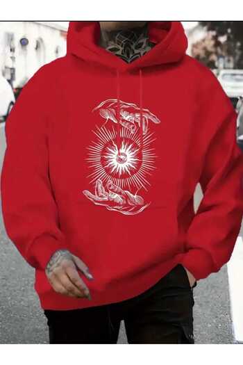 caddekombin Red Sweatshirt with Symbol Printed Hood and Pocket Inside Wool