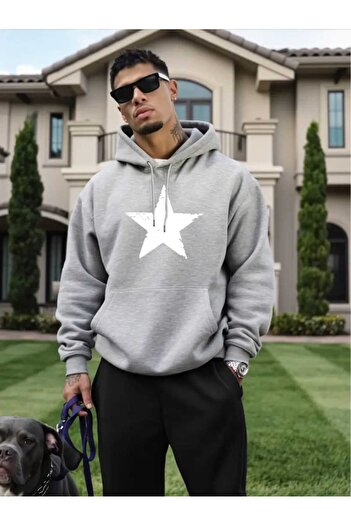 caddekombin A Big Star Printed Hooded Pocket Cotton Gray Sweatshirt