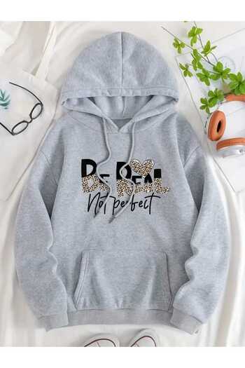 caddekombin Be Real Not Perfect Printed Hooded Pocket Gray Sweatshirt with Wool Inside