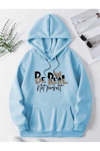 caddekombin Be Real Not Perfect Printed Hooded Pocket Blue Sweatshirt with Wool Inside