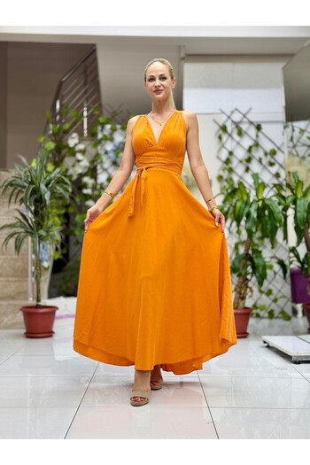 Punta Otantik Pt25071 Shoulder Tie Waist Belted Backless Cotton Dress Orange