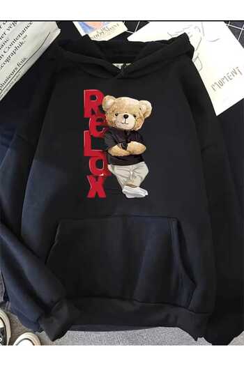 caddekombin Μπλουζάκι με κουκούλα Bear Relax με τσέπη από βαμβακερό μαύρο φούτερ