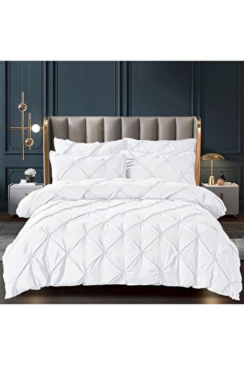 Pufulino Lenjerie Brodata Uni, Model cu Pliuri, Bumbac 100%, 6 Piese, Pat 2 Persoane – Alba