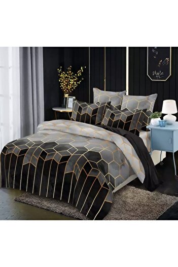 Casa de Vis Double Bed Linen, Premium Cotton Finet, 6 Pieces, 2 Persons, Geometric Blue