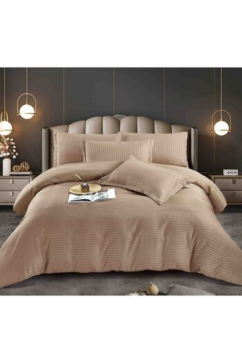 JOJO HOME Lenjerie de Pat Dublu Cu Elastic 100% Bumbac Damasc 6 Piese, 180x200 cm Cappuccino