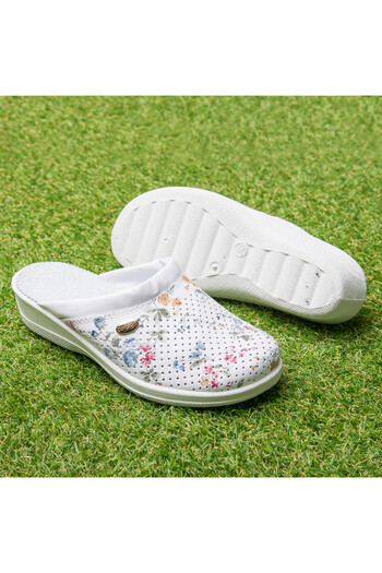 Tellus Leather medical clogs “Tellus” 51-08/06, White with flowers