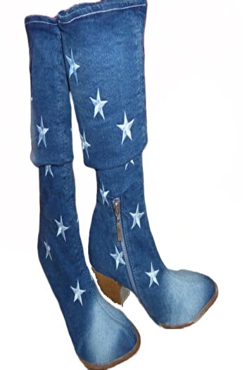blue moon - High Heel Denim Boots, Blue, Size 38