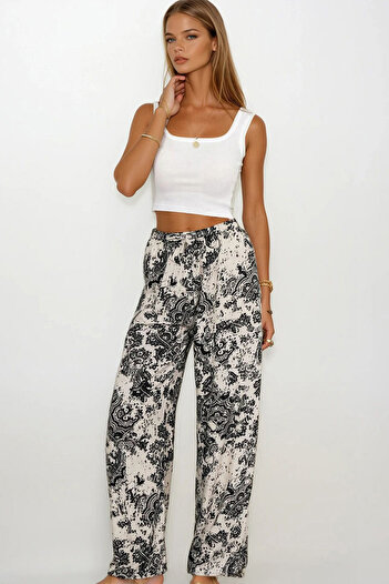 VAGGON Women's Black-Beige Elastic Waist Lace-Up Patterned Viscose Palazzo Pants Vs00371