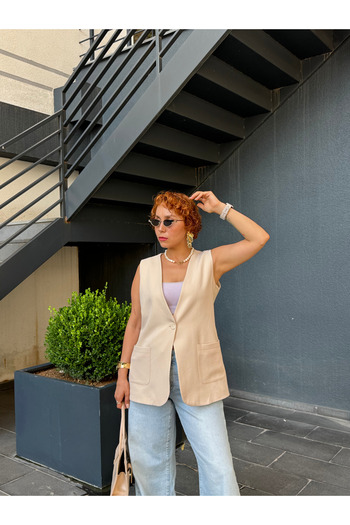 Bak'ap Premium Lined Pocket Detailed Oversize Buttoned Vest