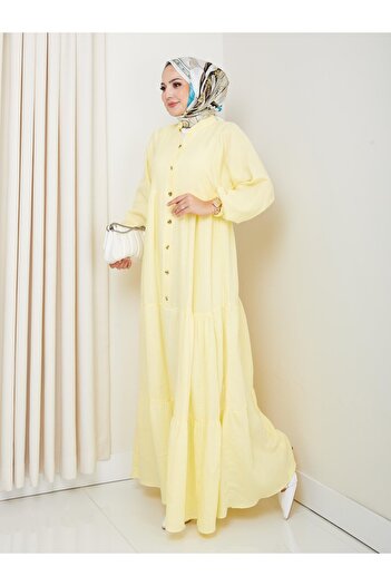 Hb Harma Time Butik Women's Buttoned Floor Detailed Yellow Linen Dress