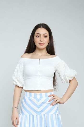 Nichii Women's Off-Shoulder Lace Blouse with Zipper, Short Sleeve