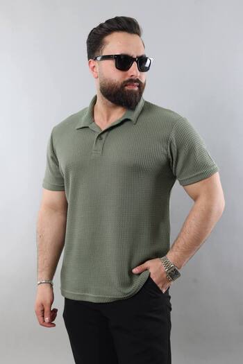 STOCX Men's Gray Buttoned Polo Neck Pique Textured T-Shirt