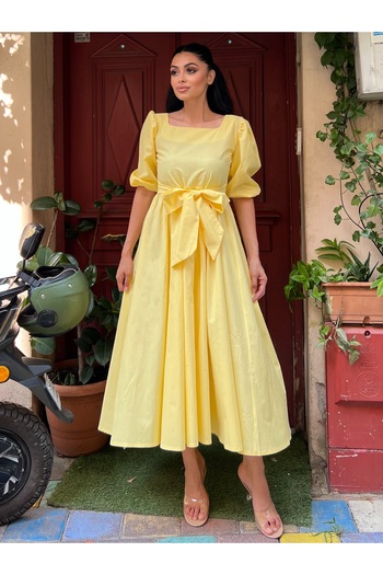 KÜÇÜĞÜM BUTİK Yellow Big Bow Square Neck Poplin Flared Dress
