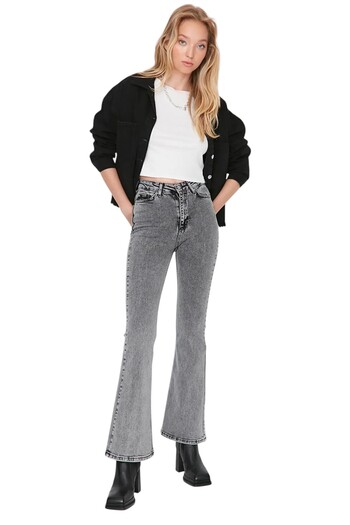 byhaziran butik Alisse Women's High Waist Smoked Denim Flare Jeans