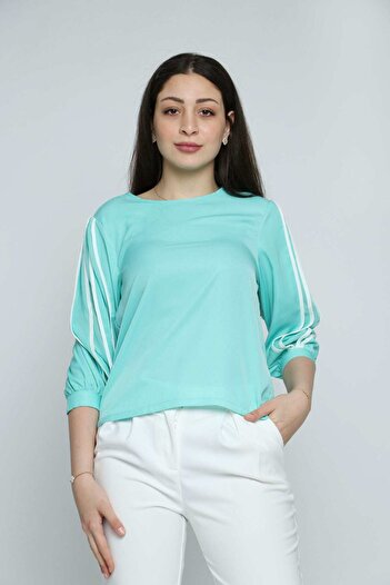 Nichii Women's Solid 3/4 Sleeve Blouse with Stripes and Button Detail