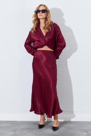 TENA Fusta lungă din satin burgundy de damă