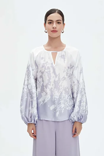 Nichii Women's Long-Sleeve Printed Blouse with Front Opening