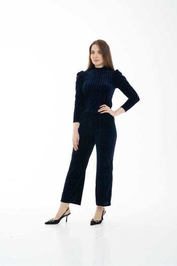Nichii Women's Plain Velvet Blouse with Ruffle Detail on Shoulder