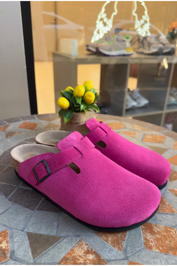Lemoors Susana Natural Cork Sole Genuine Suede Leather Fuchsia Color Sabo Slippers