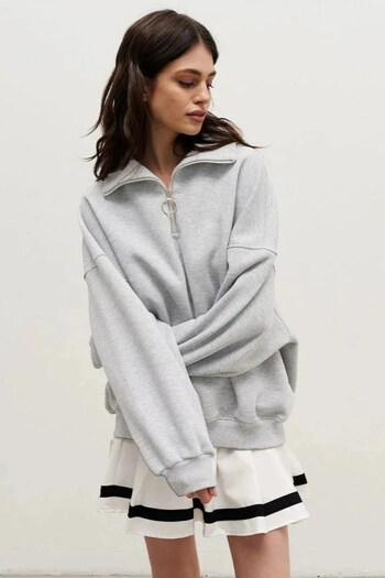 GIA - ART Women's Gray Half Zipper Jacket Sweatshirt 3 Thread Raised Oversize Cut