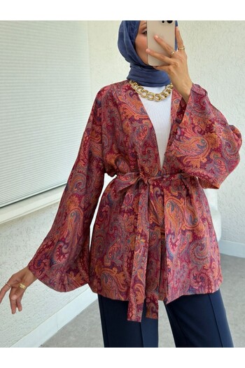 Modamorfo Ethnic Patterned Lace Kimono - Burgundy