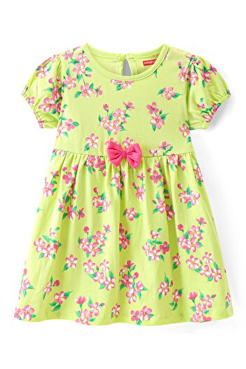 Babyhug Single Jersey Knit Floral Printed Frock with Bloomer & Bow Applique - Yellow