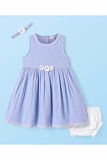 Babyhug Cotton Floral Appliqued Frock With Bloomer & Headband - Blue