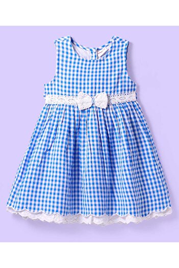 Babyhug Cotton Woven Sleeveless Checkered Frock with Bloomer Headband & Bow Applique - Blue