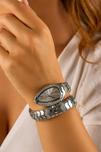 LOOQ New Zircon Stone Detailed Snake Model Women's Wristwatch