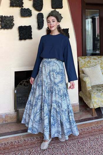 Ceylan Otantik Blue Ethnic Pattern Cross Fold Skirt