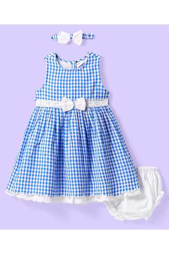 Babyhug Cotton Woven Sleeveless Checkered Frock with Bloomer Headband & Bow Applique - Blue