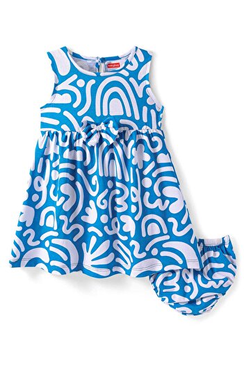 Babyhug Printed Frock With Bow Applique & Bloomer - White and Blue