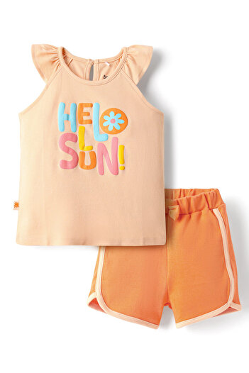 Bonfino 100% Cotton "Hello Sun" Text Printed T-Shirt and Shorts Set - Peach