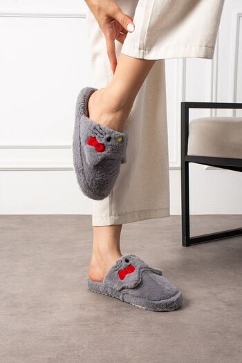 NOVİNS Cute Kitty Figured Embroidery Embroidered Non-Slip Non-Slip Light Sole House Slippers
