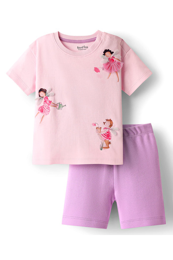Bonfino 100% Cotton Oversized Fairy Printed T-Shirt and Cycling Shorts Set - Pink, Purple