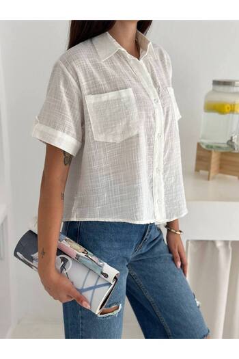 Noa Noa Embossed Detailed Short Sleeve Double Pocket Shirt