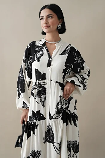 InStyle Large Orchid Pattern Ecru Viscose Dress
