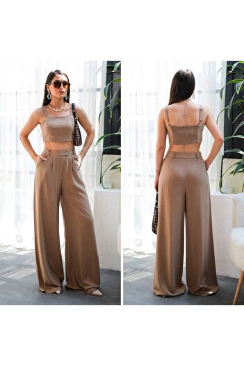OUZ Fashion Women's Linen Vest Crop and Pants Two Piece Set